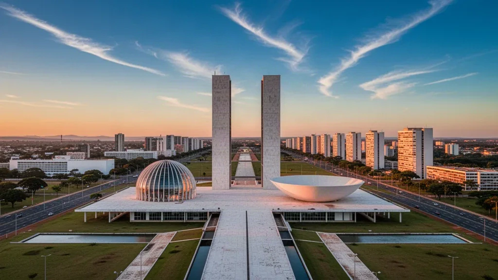 Luftaufnahme der Türme des Nationalkongresses von Brasília und der Skyline des Eixo Monumental im brasilianischen Distrito Federal zur goldenen Stunde