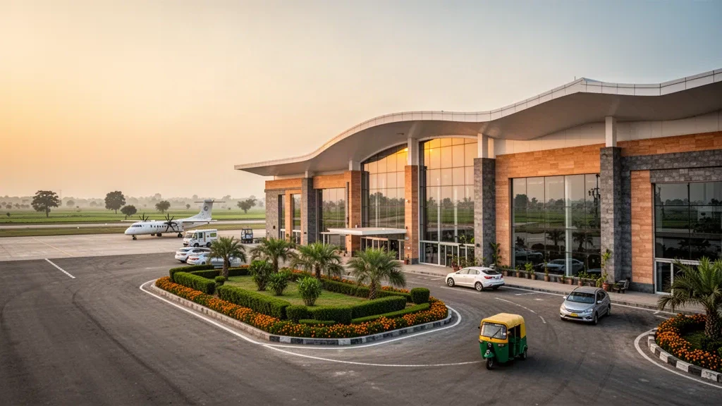 Moderno terminal in vetro e corsia di sbarco all'Aeroporto di Ludhiana nel Punjab durante la calda luce dell'ora d'oro