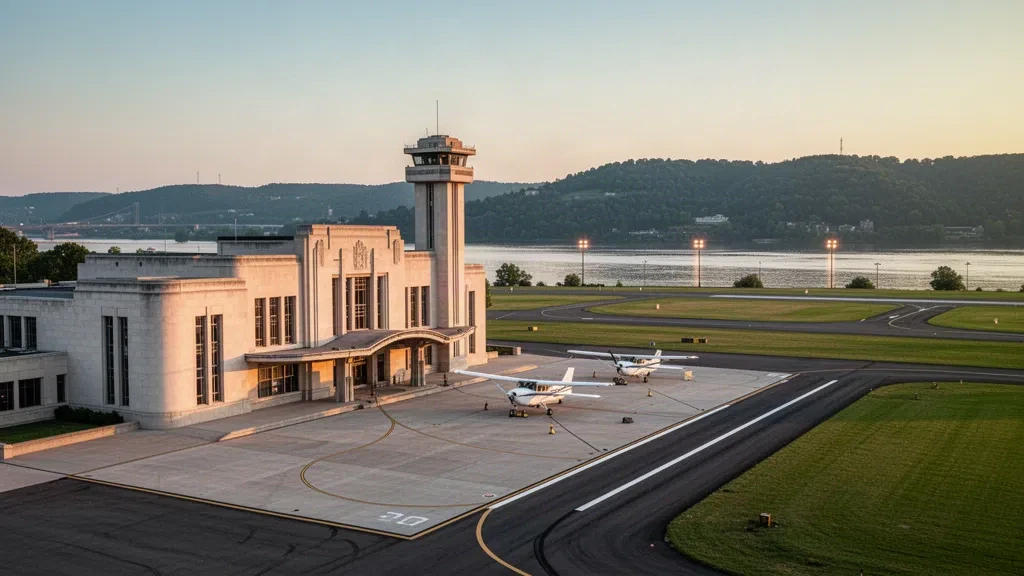 Art-déco-Terminal und abgestellte Flugzeuge am Cincinnati Municipal Airport Lunken Field am Ufer des Ohio River zur goldenen Stunde