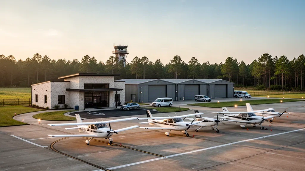 Kleines Terminal für die allgemeine Luftfahrt, Hangars und Leichtflugzeuge auf dem Vorfeld am Hesler-Noble Field in Laurel, Mississippi, während der goldenen Stunde