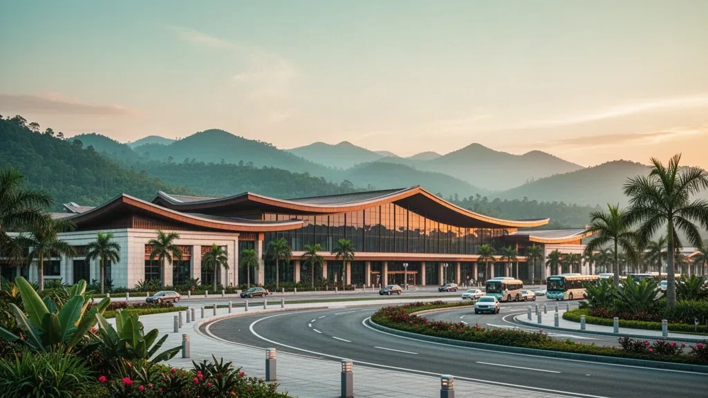 Extérieur du terminal de l'aéroport international de Dehong Mangshi avec des toits à étages de style ethnique et les collines tropicales du Yunnan à l'heure dorée
