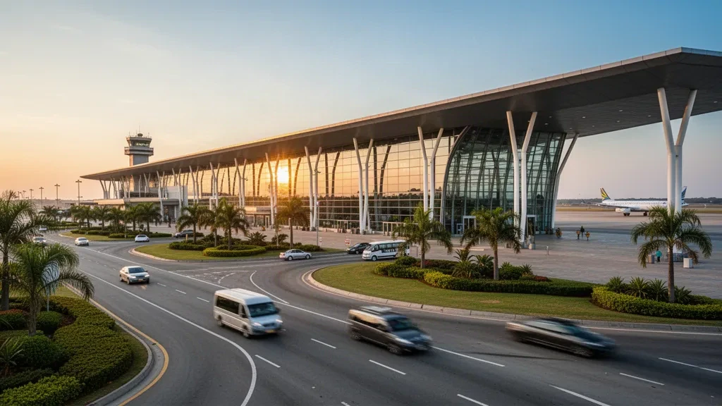 Extérieur moderne du terminal en verre et route de dépose à l'aéroport international Kenneth Kaunda à Lusaka, en Zambie, à l'heure dorée