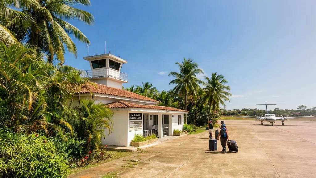 Vue extérieure du terminal de l'aéroport de Carta en Colombie avec une végétation tropicale et un petit avion sur le tarmac