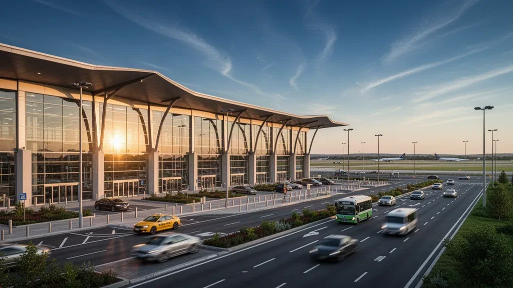 Esterno moderno del terminal in vetro e corsie di sosta breve all'aeroporto di Carta nella calda luce dorata del tramonto sotto un cielo azzurro aperto