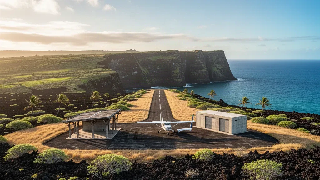 Abgelegene Start- und Landebahn des Flughafens Kalaupapa auf Molokais rauer Steilküste, mit einem kleinen Flugzeug neben der Rollbahn und dem Pazifischen Ozean dahinter.