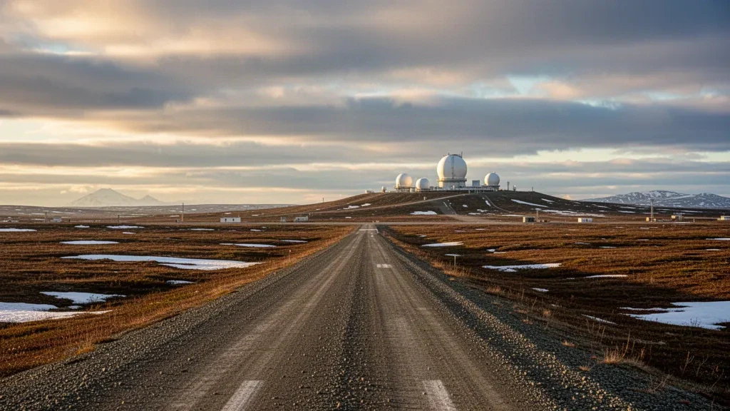 Gravel runway of Cape Lisburne LRRS Airport cutting through Arctic tundra with white radar domes in the distance under a dramatic sky.