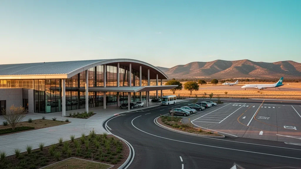 Arjantin San Luis'deki Brigadier Mayor César Raúl Ojeda Havaalanı'nda gün batımı saatlerinde modern cam terminal binasının dış cephesi ve yolcu indirme şeridi
