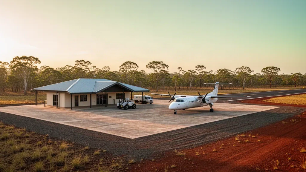 Pista remota de Cape York que sirve al aeropuerto de Laura en Queensland, con una pequeña terminal, aviones turbohélice en la plataforma y bosque de sabana más allá