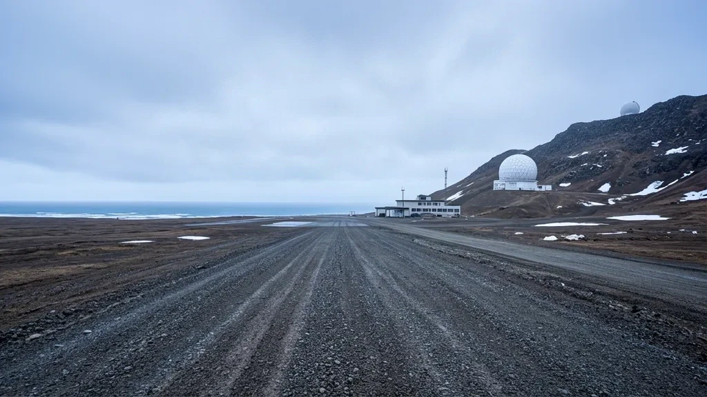 Arktik Alaska'daki Cape Lisburne LRRS Havaalanı'nda kapalı bir gökyüzü altında uzak çakıl pist ve radar sahası.