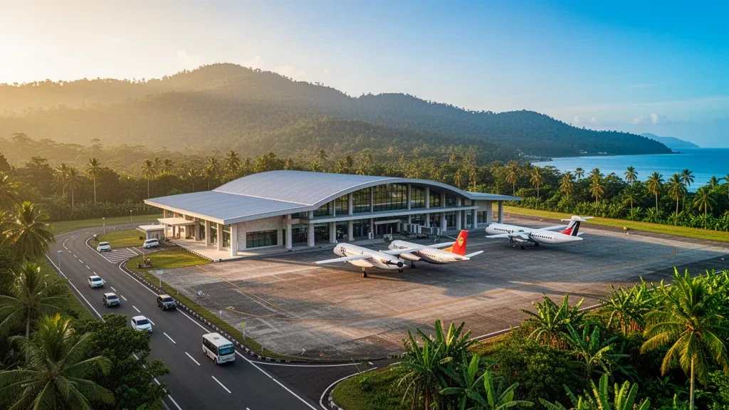 Modern terminal and apron at Syukuran Aminuddin Amir Airport in Luwuk, Central Sulawesi, framed by tropical hills at golden hour