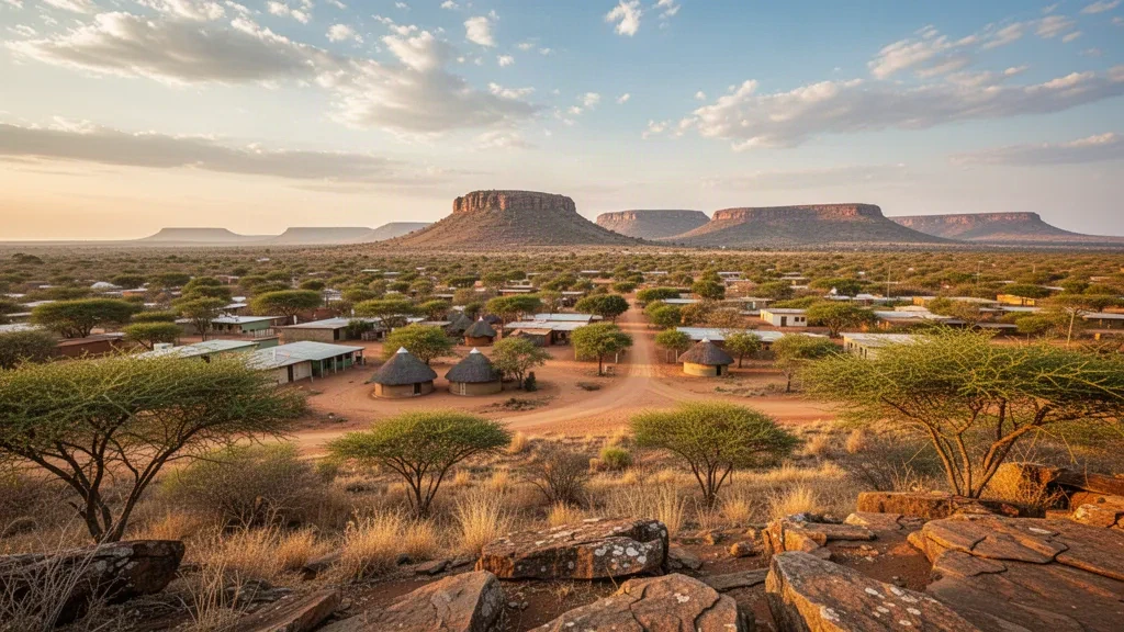 Vue à l'heure dorée sur Serowe, au Botswana, dans le district central, avec des maisons rondes traditionnelles, des acacias et la colline de Serowe sous un ciel chaud.