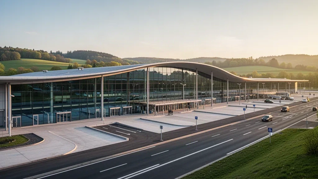 Modern glass terminal exterior and drop-off lanes at Luxembourg-Findel International Airport during golden hour.