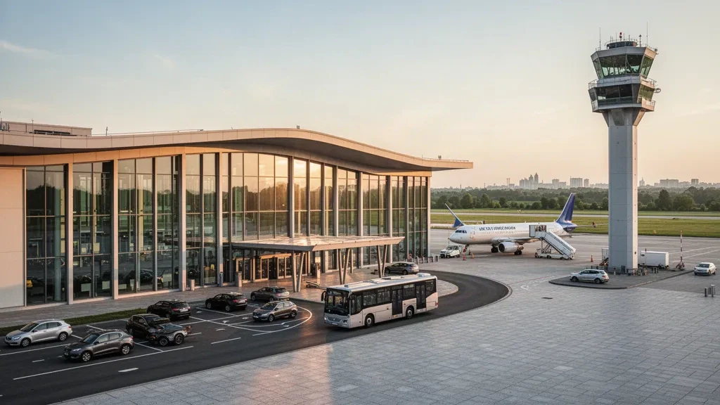 Terminal de pasajeros moderna de vidrio y carril de descenso en el aeropuerto de Lublin, Polonia, bajo una cálida luz dorada