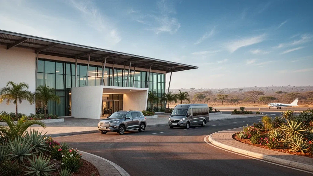 Modern glass terminal exterior and drop-off lanes at Harry Mwanga Nkumbula International Airport in Livingstone, Zambia at golden hour
