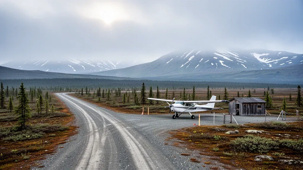 Remote gravel airstrip and small bush plane at Lime Village Airport in Alaska, surrounded by tundra and distant hills under soft overcast light