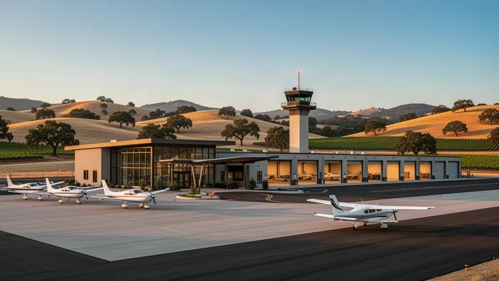 Aeromobili di aviazione generale, hangar e piazzale del terminal all'aeroporto municipale di Livermore in California durante l'ora d'oro