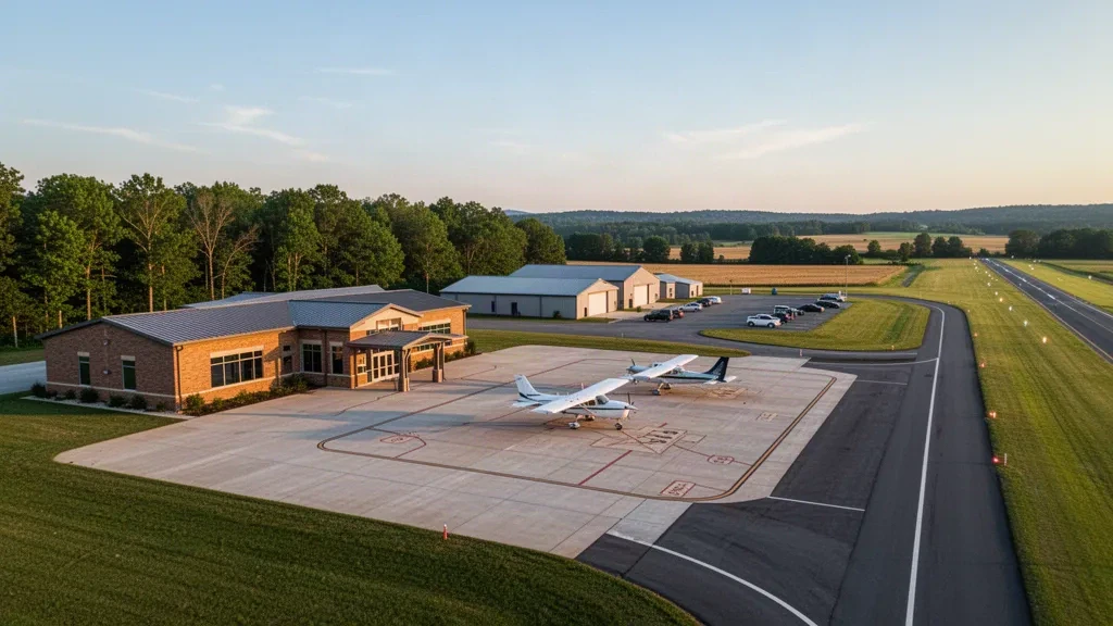 Niedriges Terminalgebäude, Hangars und Leichtflugzeuge auf dem Vorfeld des Brunswick Municipal Airport im ländlichen Virginia zur goldenen Stunde