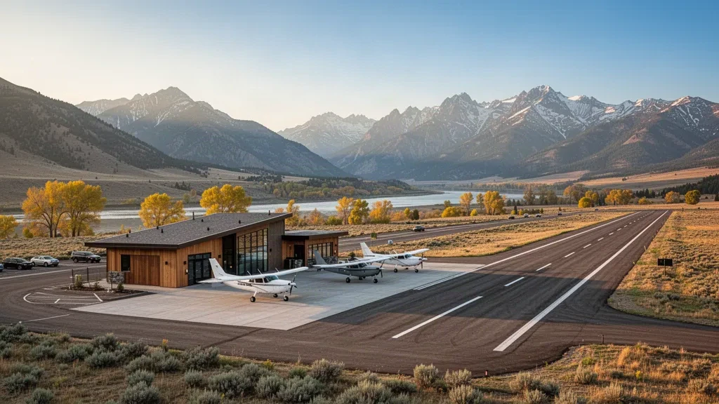 Start- und Landebahn sowie Terminal des Flughafens Mission Field bei Livingston, Montana, umrahmt von Bergketten zur goldenen Stunde