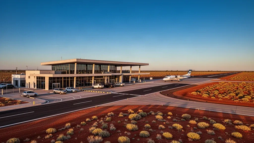 Terminal regional moderna y plataforma en el Aeropuerto de Laverton, en los goldfields de Australia Occidental, bajo la cálida luz de la hora dorada