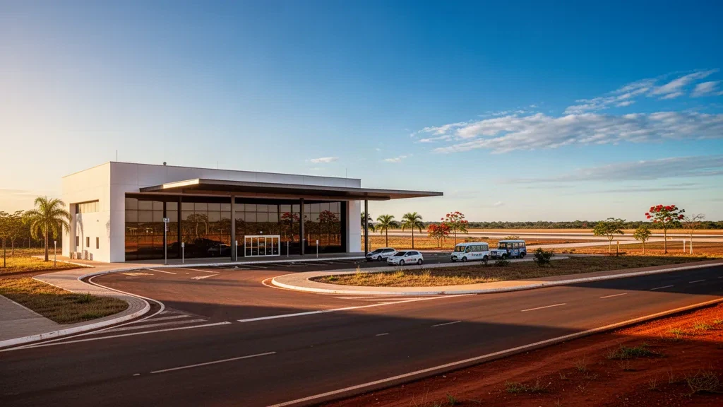Entrada moderna de la terminal y carril de descenso en el Aeropuerto Municipal Bom Futuro en Lucas do Rio Verde, Mato Grosso, durante la hora dorada