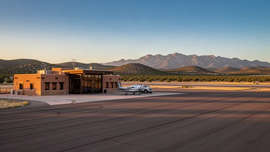 Piccolo terminal aeroportuale municipale a Las Vegas, New Mexico, durante l'ora d'oro con aerei leggeri sul piazzale e le montagne sullo sfondo