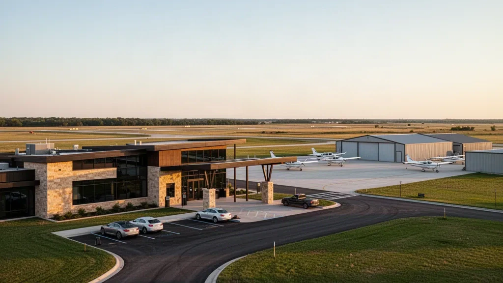 Low modern terminal and parked light aircraft on the apron at Lawrence Municipal Airport in Kansas at golden hour