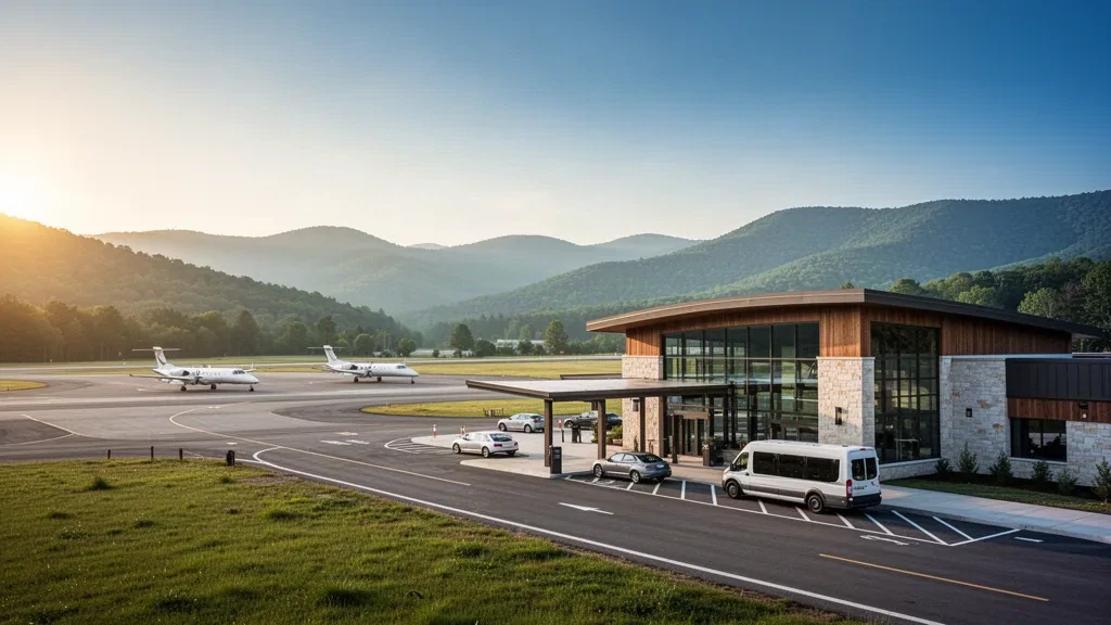 Terminal d'aéroport régional et tarmac à l'aéroport de Greenbrier Valley en Virginie-Occidentale avec crêtes montagneuses à l'heure dorée