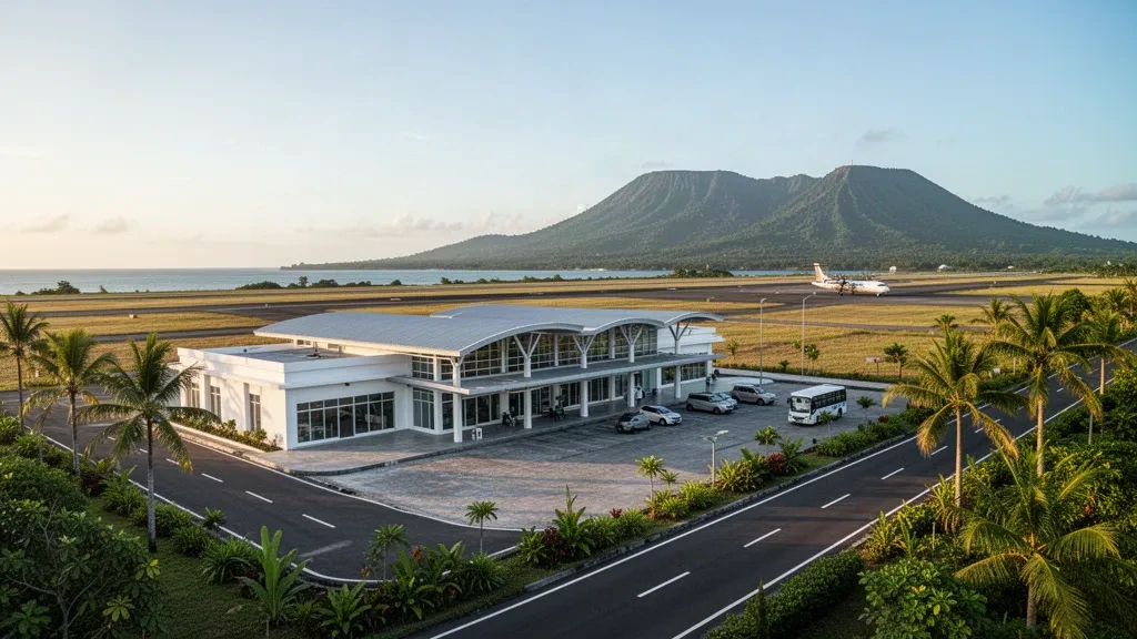 Petit terminal côtier et piste de l'aéroport de Wonopito à Lewoleba, Lembata, entourés de collines tropicales verdoyantes à l'heure dorée.