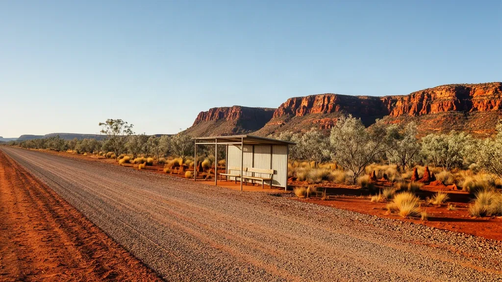 Schotterpiste und kleiner Unterstand am abgelegenen Lawn Hill Airport LWH im Outback von Queensland, umgeben von rotem Erdreich und trockenem Buschland