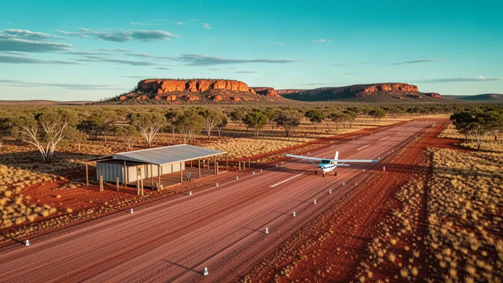 Piste d'atterrissage isolée de l'outback à l'aéroport de Lawn Hill dans le Queensland, avec terre rouge, petit avion et escarpement de grès en arrière-plan