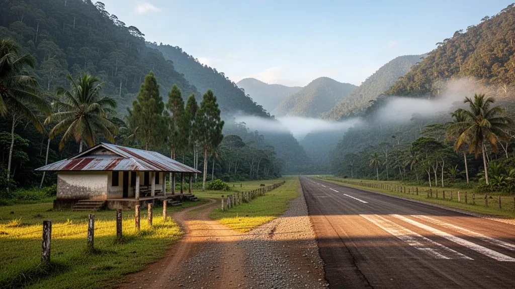 Piste isolée de l'aéroport de Lowai en Papouasie-Nouvelle-Guinée entourée de montagnes couvertes de forêt tropicale à l'heure dorée