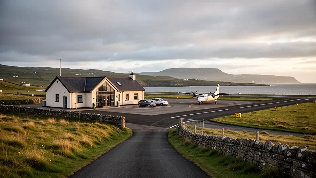 Terminal und Vorfeld eines kleinen Inselflughafens am Flughafen Lerwick Tingwall auf Shetland im weichen Küstenlicht der goldenen Stunde