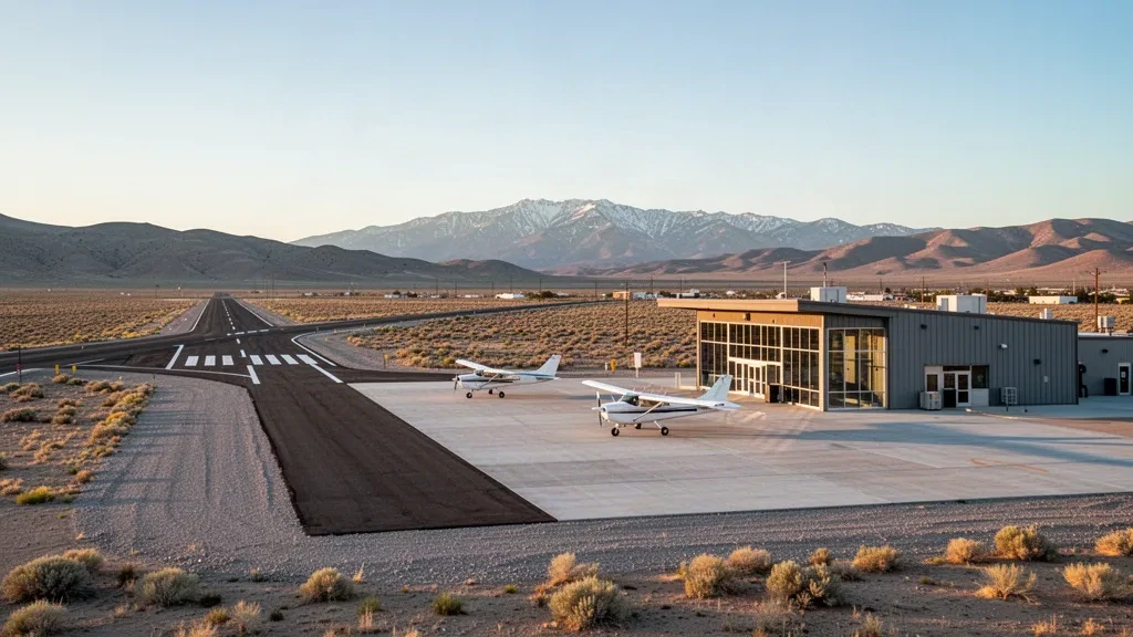 Veduta all'ora d'oro del piazzale di un piccolo terminal e della pista in alto deserto presso Wells Municipal Airport/Harriet Field, Nevada