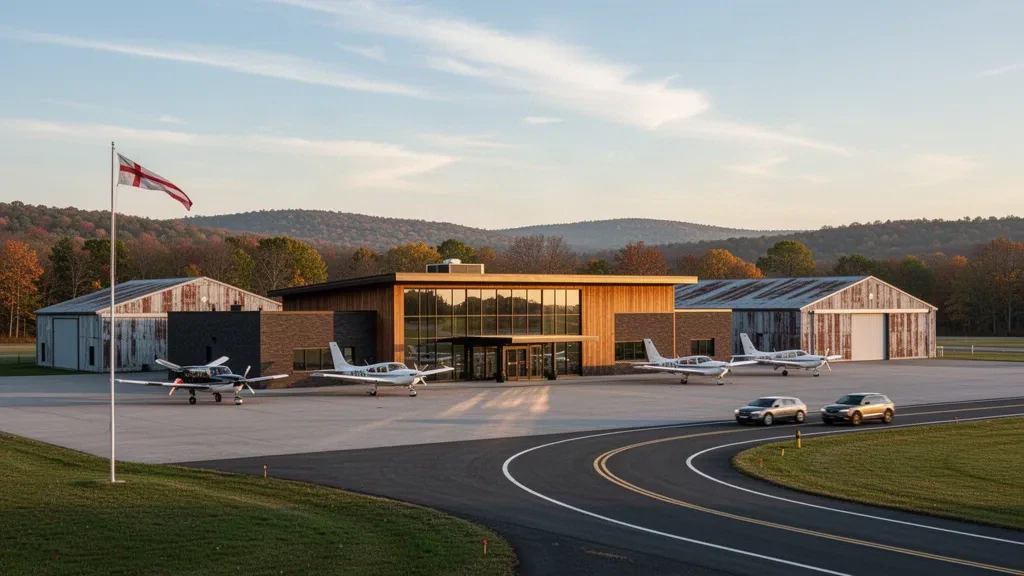 Bâtiment terminal bas, hangars et petits avions sur l'aire de trafic à l'aéroport municipal de Lawrence à North Andover à l'heure dorée.
