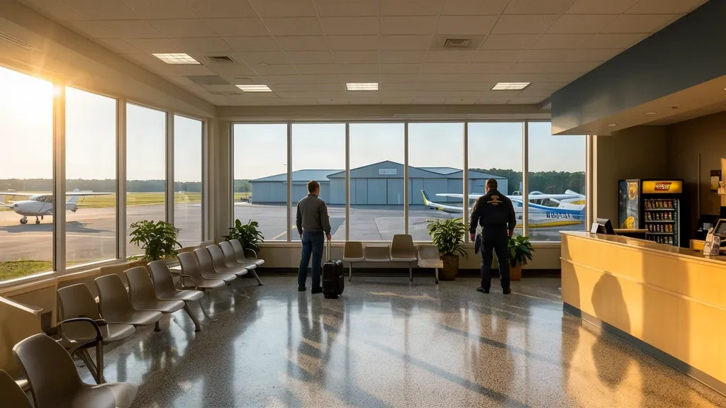 Intérieur du terminal d'aviation générale à l'aéroport municipal de Lawrence LWM dans le Massachusetts avec lumière matinale