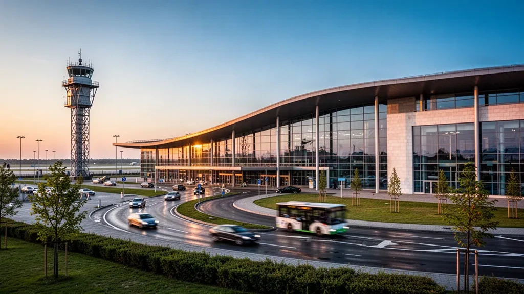 Exterior moderno de terminal de cristal y carril de descenso en el Aeropuerto Internacional de Lviv, en Ucrania, iluminado por la cálida luz dorada del atardecer