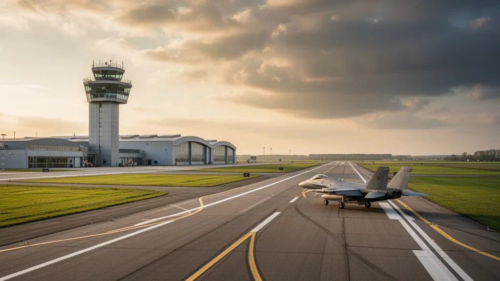 Tour de contrôle moderne et piste de la base aérienne de Leeuwarden aux Pays-Bas sous un ciel dégagé