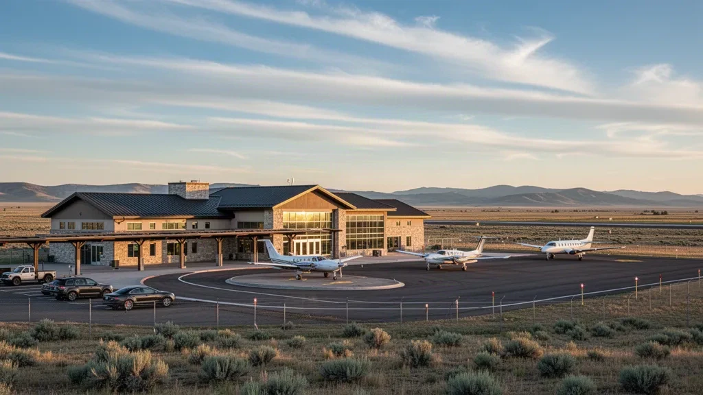 Altın saatlerde geniş bir bozkır gökyüzünün altındaki Montana'daki Lewistown Municipal Airport'ta küçük bölgesel terminal ve apron