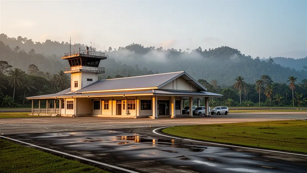 Kleines tropisches Terminalgebäude am Flughafen Lawas in Sarawak, Borneo, mit Vorfeld, tropischer Vegetation und bewaldeten Hügeln in warmem Licht am späten Nachmittag