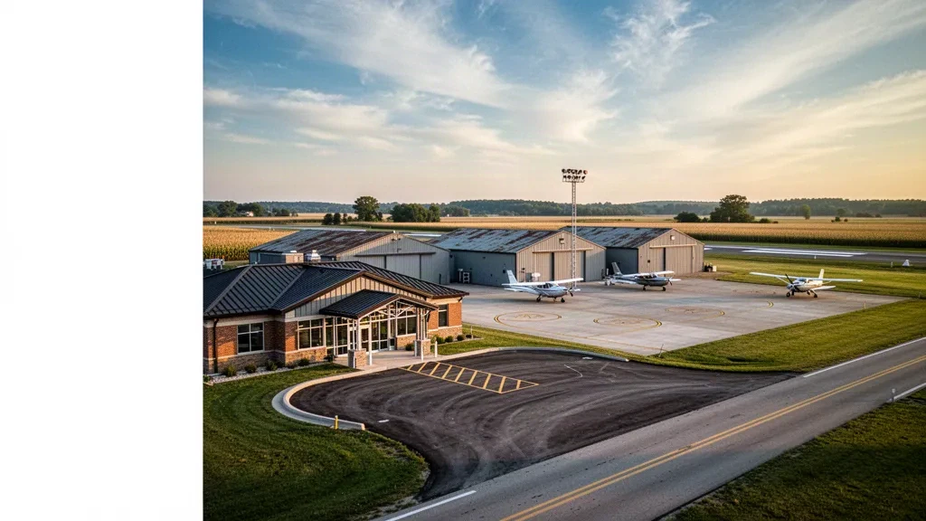 Low-slung terminal, apron and hangars at Lawrenceville-Vincennes International Airport in rural Illinois under golden-hour light