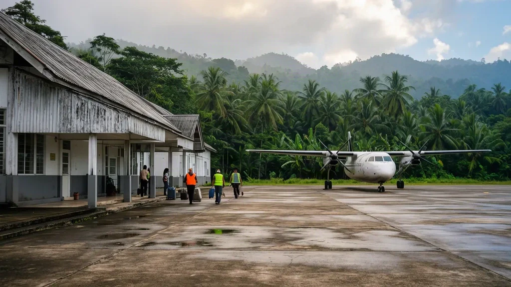 Borneo, Sarawak'taki Lawas Havaalanı'nda tropikal yeşilliklerle çevrili alçak tek katlı terminal ve park etmiş turboprop uçak