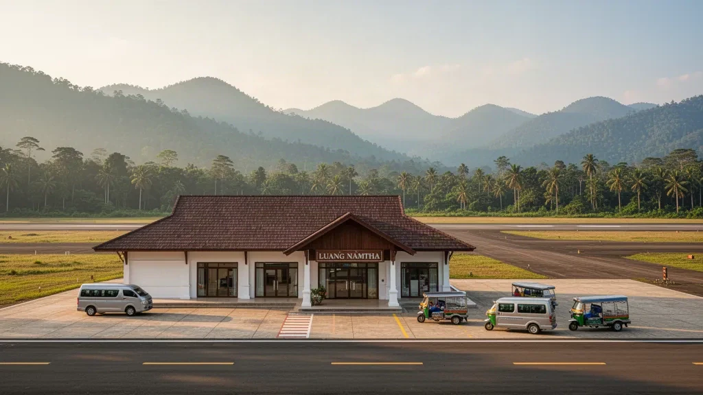 Modern terminal and runway at Luang Namtha Airport in Laos with mountains and tropical greenery