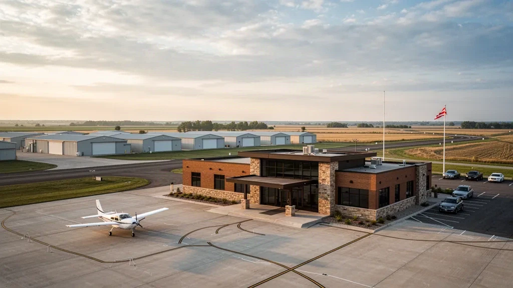 Small general aviation terminal and aircraft apron at Jim Kelly Field in Lexington, Nebraska under warm golden-hour light