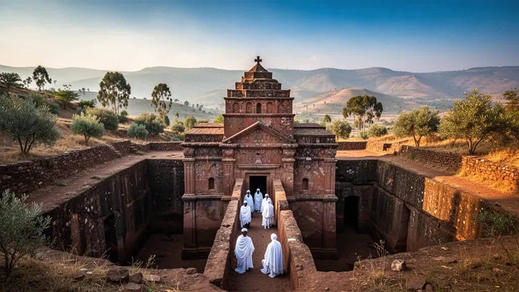 Etiyopya'nın Lalibela kentinde, sıcak akşamüstü ışığında kayaya oyulmuş Bete Giyorgis kilisesinin etrafında toplanmış beyaz cübbeli hacılar