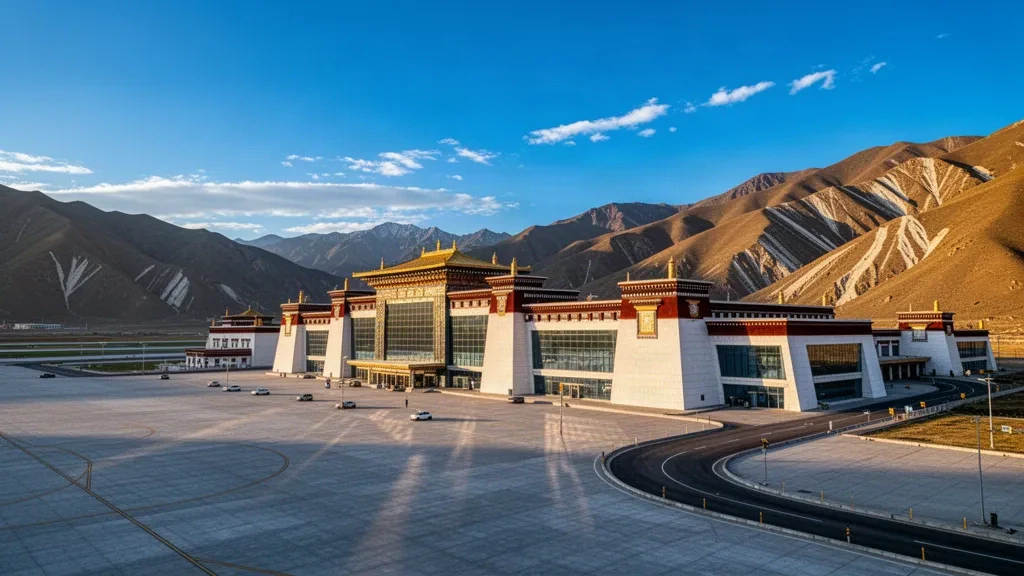Modernes Terminal im tibetischen Stil am internationalen Flughafen Lhasa Gonggar im Licht der goldenen Stunde, dahinter karge Hochgebirgstäler