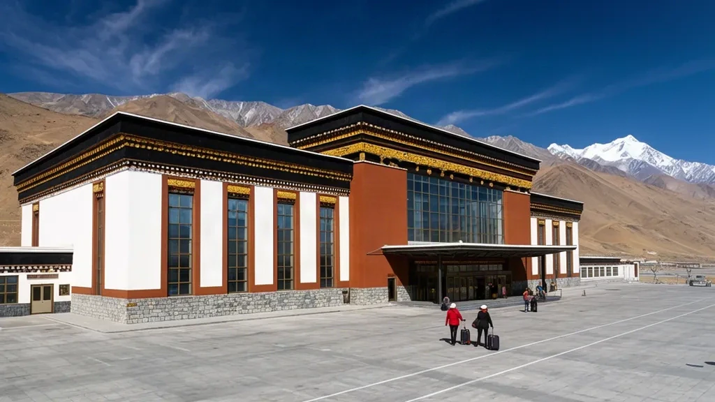 Außenansicht des Terminals des internationalen Flughafens Lhasa Gonggar mit Architektur im tibetischen Stil vor fernen schneebedeckten Himalaya-Gipfeln