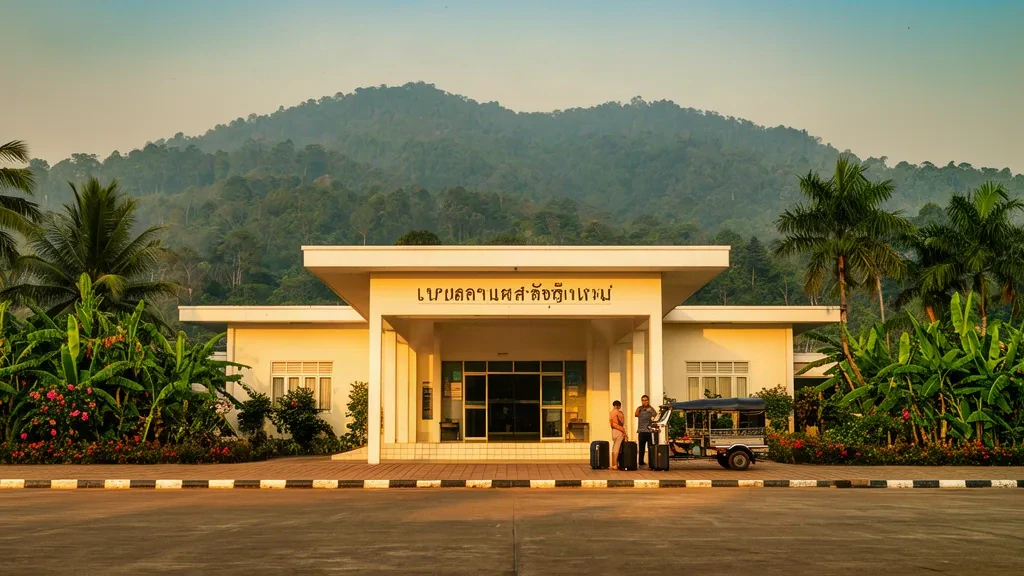 Petit bâtiment terminal de l'aéroport de Luang Namtha dans le nord du Laos, entouré de collines verdoyantes sous une chaude lumière tropicale