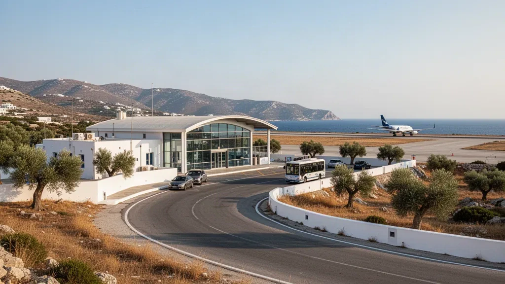 Whitewashed terminal exterior and drop-off lane at Limnos Island Airport in Greece under a clear Aegean sky