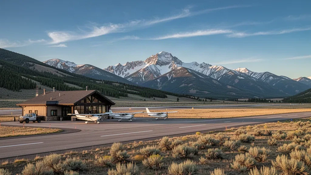 Small mountain terminal and runway at Lake County Airport in Leadville, Colorado, framed by snow-capped Rocky Mountain peaks