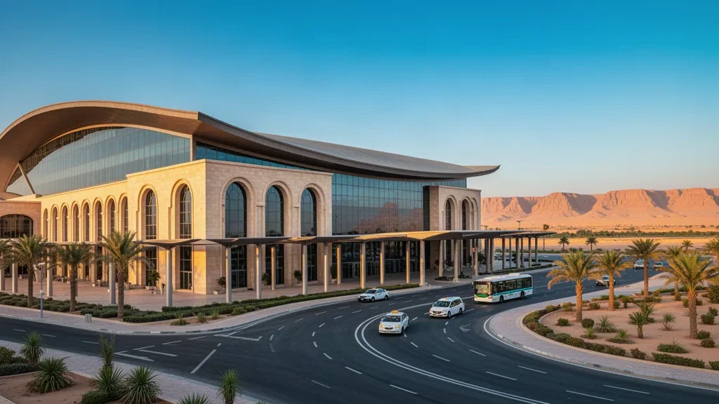 Altın saatlerde Luxor Uluslararası Havalimanı'nın modern kumtaşı terminal cephesi, palmiye ağaçlarıyla çevrili yolcu indirme şeritleri ve arka planda çöl kayalıkları